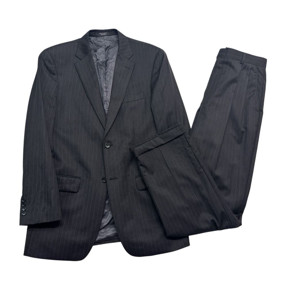 vtg Y2K Jones New York 38L 34x32 Charcoal Striped 2pc Pant Suit Wool Pleated